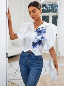 SHEIN Privé 印花泡泡袖不對稱下擺襯衫 - 白色 - 查看 1