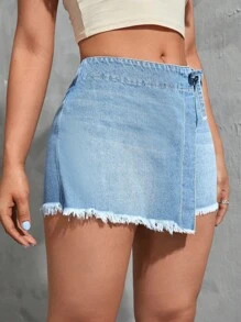 SHEIN EZwear 素色毛邊側打結圍裹下擺裙裤 - 淺色水洗藍 - 查看 5