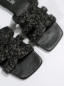 Sandalias planas de mujer con elegantes rhinestones, de moda para el verano y uso en la playa, para el Día de San Valentín - Negro - Ver 7