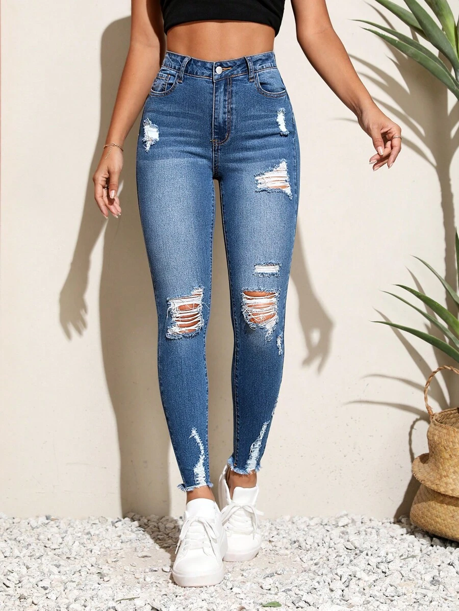 SHEIN Unity 高腰破洞毛邊緊身牛仔褲 - 中等水洗藍 - 查看 1