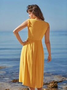 SHEIN Frenchy 素色荷葉邊前紐扣連衣裙 - 黃色 - 查看 2