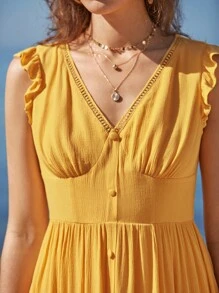 SHEIN Frenchy 素色荷葉邊前紐扣連衣裙 - 黃色 - 查看 7