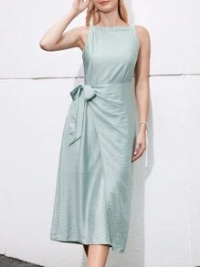 SHEIN Privé Đầm Dây kéo Thắt nút Trọn gói màu trơn Giải trí - Màu xanh bạc hà - Xem 3