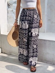 SHEIN VCAY 夏季波西米亚风大象印花阔腿裤 - 黑與白 - 查看 1