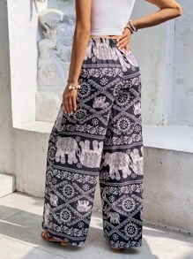 SHEIN VCAY 夏季波西米亚风大象印花阔腿裤 - 黑與白 - 查看 2