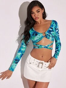 SHEIN BAE Áo nữ Hội Chữ thập Nhẫn Buộc lại Hoa Tất cả trên in Gợi cảm - Nhiều màu - Xem 5