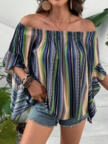 SHEIN VCAY Geo Print Off Shoulder Blouse - Multicolor - View 3