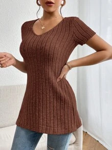 SHEIN Essnce Áo thun nữ Chia Gân đan màu trơn Giải trí - Cà phê nâu - Xem 3