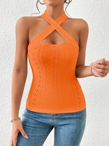 SHEIN Essnce Áo khoác và áo lót dành cho xe tăng nữ Hội Chữ thập màu trơn Giải trí - trái cam - Xem 7
