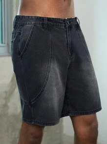 Manfinity AFTRDRK 男士棉斜口袋牛仔短褲 - 深灰色 - 查看 5