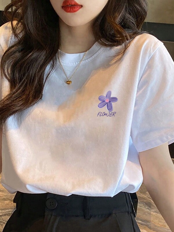 Women Summer Letter & Floral Print Loose Round Neck Drop Shoulder Short Sleeve T-Shirt