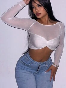 Jersey crop con diseño fruncido de manga raglán - Blanco - Ver 5