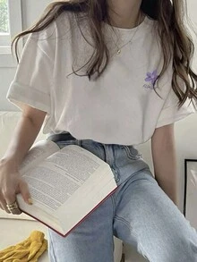 女士夏季字母与花卉印花宽松圆领落肩短袖 T 恤 - 白色 - 查看 4