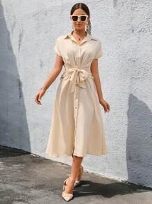 GENKIRA Batwing Sleeve Belted Shirt Dress - Khaki - View 5