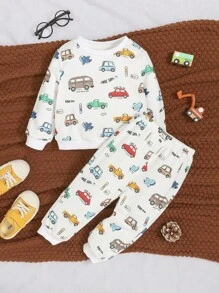 SHEIN 男嬰可愛卡通汽車印花寬鬆圓領彈力腰長褲套裝 - 彩色 - 查看 3