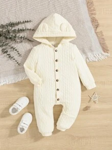 SHEIN 男嬰/女嬰中性休閒舒適素色寬鬆連帽連身褲，帶3D耳朵細節 - 米色 - 查看 1