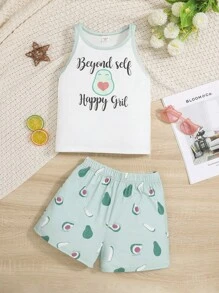 SHEIN cô gái mười hai Chữ cái & Đồ họa hoạt hình Tương phản ràng buộc Bộ PJ - Nhiều màu - Xem 1