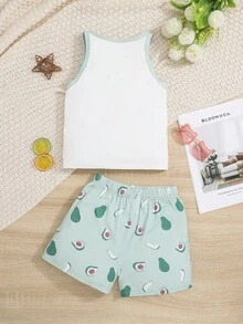 SHEIN cô gái mười hai Chữ cái & Đồ họa hoạt hình Tương phản ràng buộc Bộ PJ - Nhiều màu - Xem 2