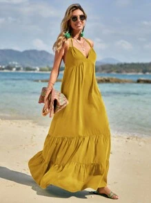 SHEIN LUNE Đầm Lộ Lưng Viên lá sen Buộc lại màu trơn Boho - Màu vàng - Xem 1