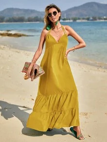 SHEIN LUNE Đầm Lộ Lưng Viên lá sen Buộc lại màu trơn Boho - Màu vàng - Xem 4