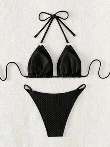 Bộ Bikini Nữ Nhẫn màu trơn - màu đen - Xem 2