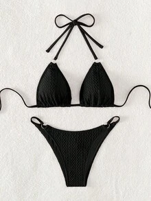 Bộ Bikini Nữ Nhẫn màu trơn - màu đen - Xem 4