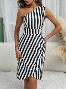 SHEIN Clasi Đầm Bất đối xứng Trọn gói Sọc Giải trí - Đen và trắng - Xem 4