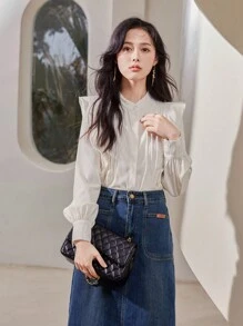 Camisa unicolor ribete con fruncido con botón delantero - Beis - Ver 1