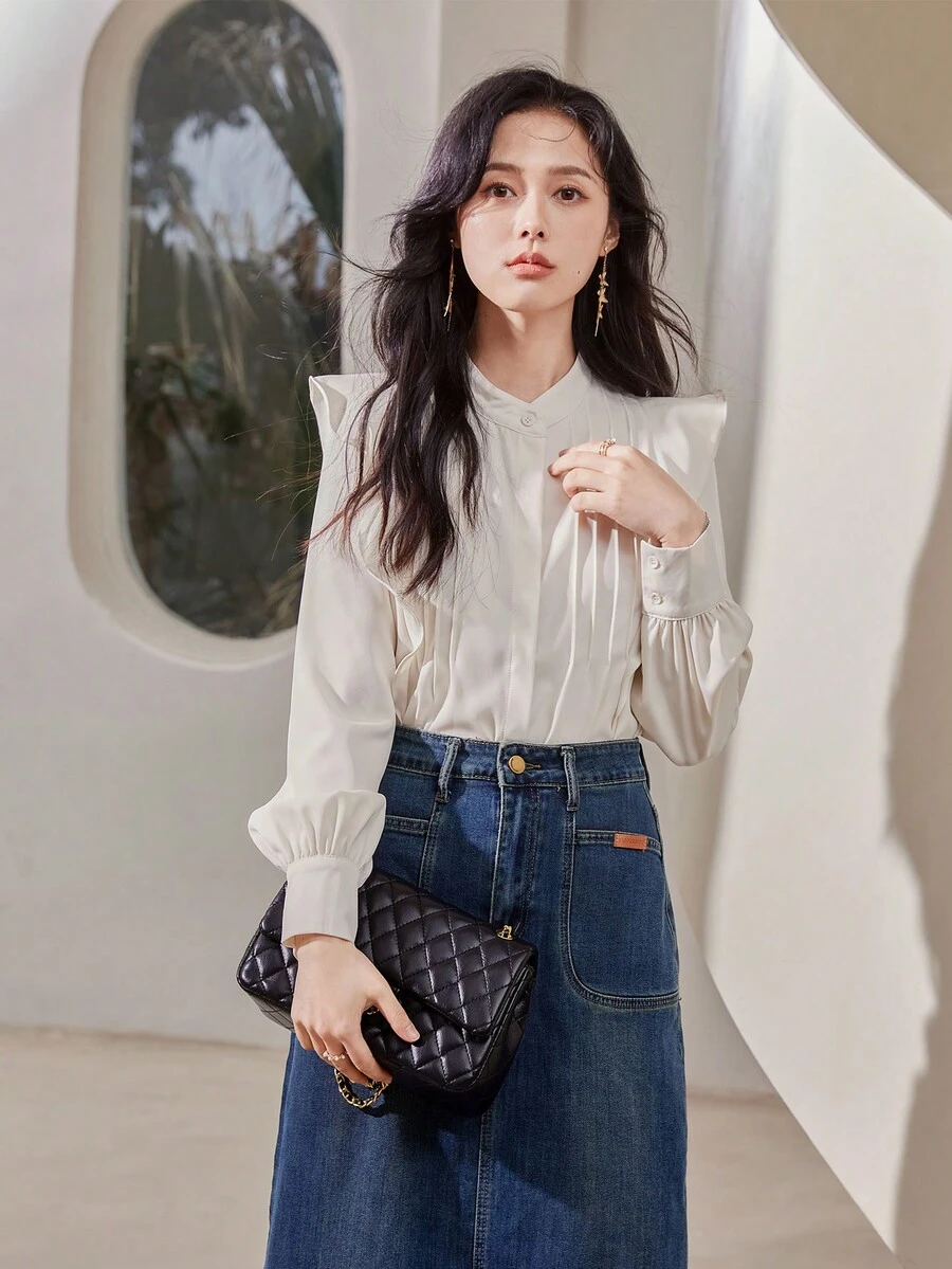 Camisa unicolor ribete con fruncido con botón delantero - Beis - Ver 1