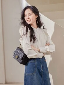 Camisa unicolor ribete con fruncido con botón delantero - Beis - Ver 3