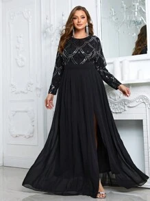 Talla grande Vestido con lentejuela en contraste de muslo con abertura - Negro - Ver 1