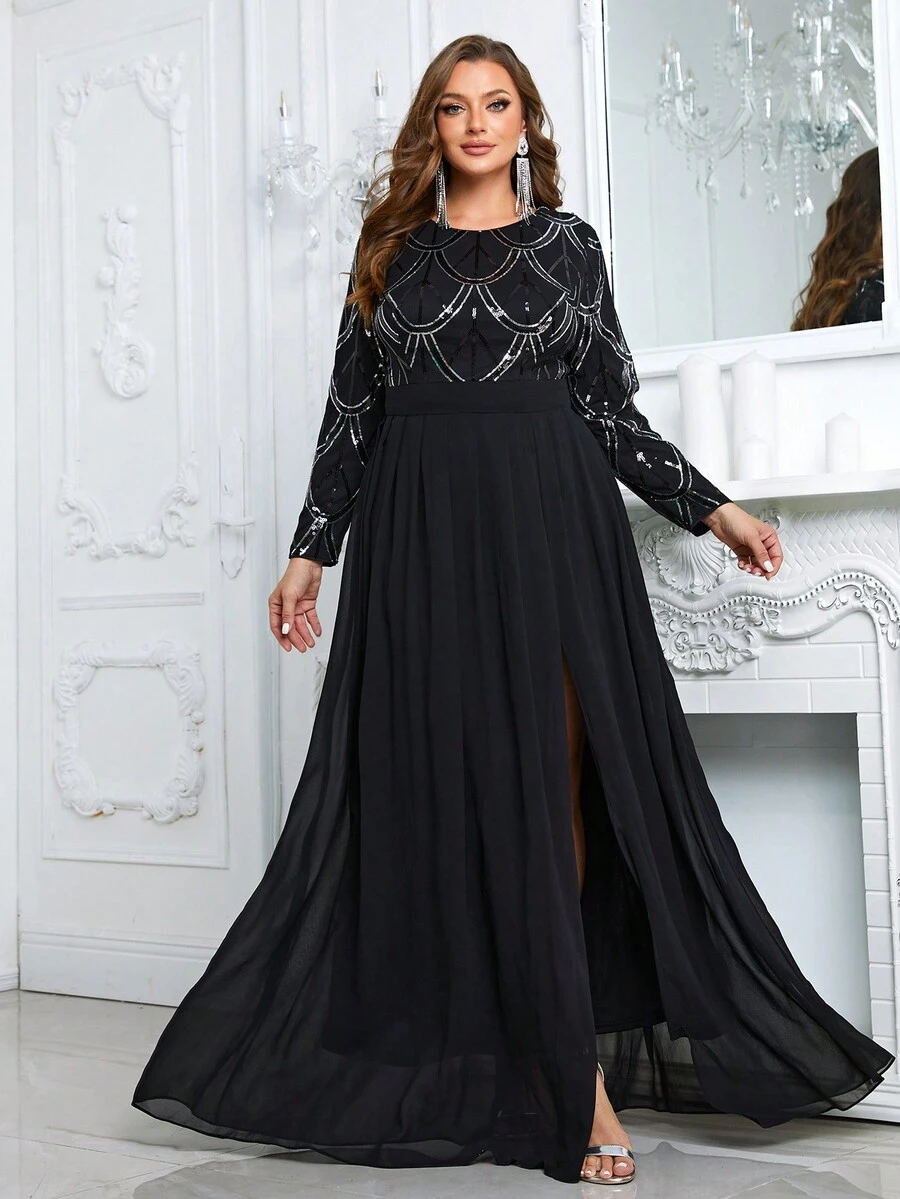 Talla grande Vestido con lentejuela en contraste de muslo con abertura - Negro - Ver 1