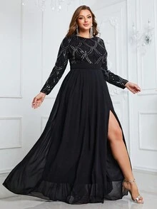 Talla grande Vestido con lentejuela en contraste de muslo con abertura - Negro - Ver 3