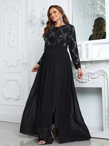 Talla grande Vestido con lentejuela en contraste de muslo con abertura - Negro - Ver 4