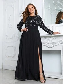 Talla grande Vestido con lentejuela en contraste de muslo con abertura - Negro - Ver 6