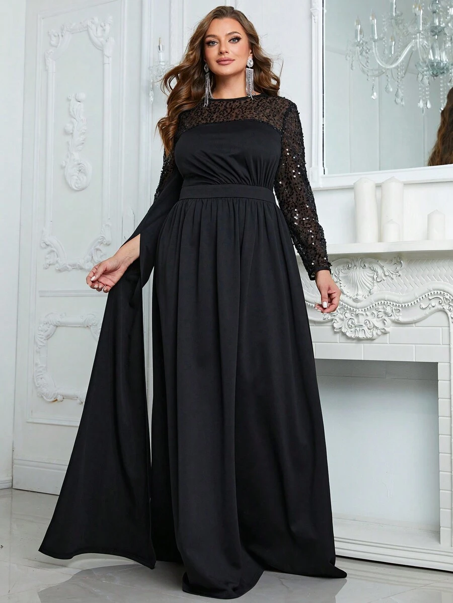 YISIKADO 大碼拼接亮片派對禮服 - 黑色 - 查看 1