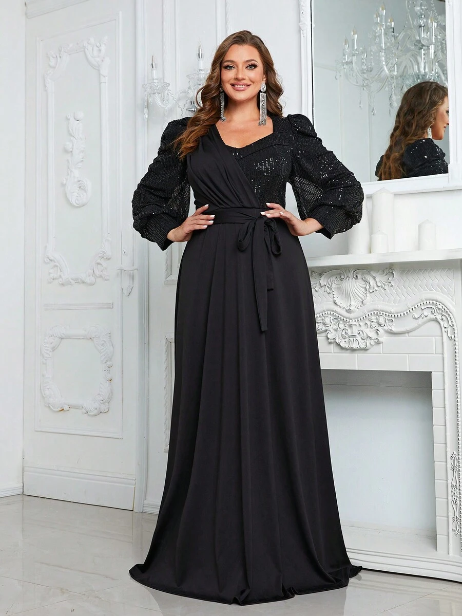 YISIKADO Đầm Maxi trang trọng tay dài đính sequin có thắt lưng màu đen thanh lịch, váy dự tiệc tối dài tay, tốt nghiệp, tiệc tối - màu đen - Xem 1