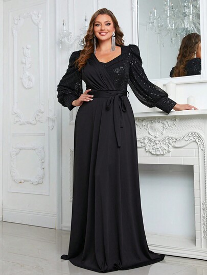 YISIKADO Plus Sequin Insert Lantern Sleeve Belted Maxi Formal Dress Black Elegant Long Sleeve Prom Evening Wedding Guest Gown, For Graduation, Dinner Party Dress