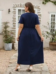 Nemidor Plus Solid Wrap Hem Dress - Royal Blue - View 2