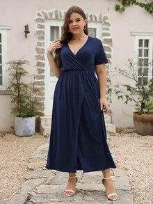 Nemidor Plus Solid Wrap Hem Dress - Royal Blue - View 5