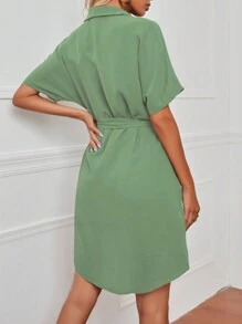 SHEIN LUNE 蝙蝠袖腰帶襯衫洋裝