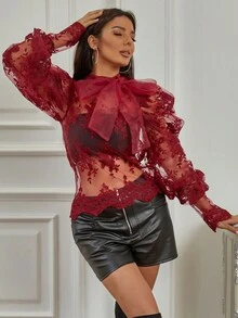 Eilly Bazar Blusa de cuello con cordón de manga farol de malla con bordado sin sujetador - Burdeos - Ver 3