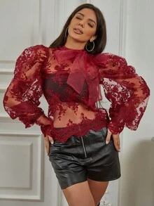 Eilly Bazar Blusa de cuello con cordón de manga farol de malla con bordado sin sujetador - Burdeos - Ver 5