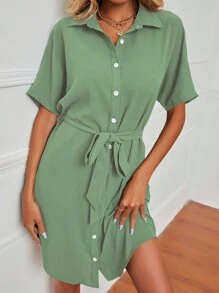 SHEIN LUNE 蝙蝠袖腰帶襯衫洋裝