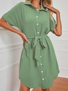 SHEIN LUNE 蝙蝠袖腰帶襯衫洋裝