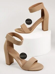 Wide Fit  Fasten Ankle Strap Block Heels - Camel - View 1