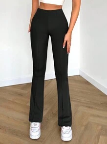 EURMUSE Casual Solid Color High Waist Flared Leg Pants - Black - View 1