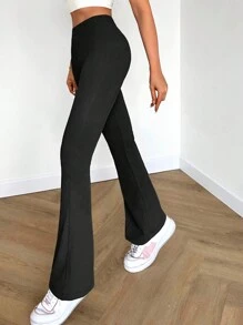 EURMUSE Casual Solid Color High Waist Flared Leg Pants - Black - View 5