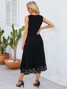 SHEIN Clasi 鏤空貝殼邊素色連衣裙 - 黑色 - 查看 2