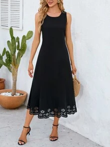 SHEIN Clasi 鏤空貝殼邊素色連衣裙 - 黑色 - 查看 6
